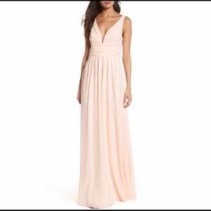 Lulus V-Neck Chiffon A-Line Full Length Gown Maxi Dress Boned Pleated Blush